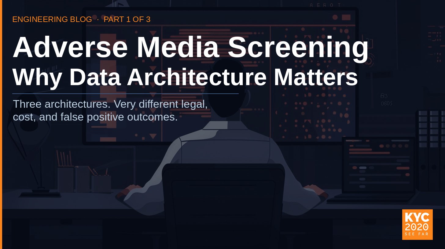 Three adverse media screening data architectures compared - search, scraping, and signal database